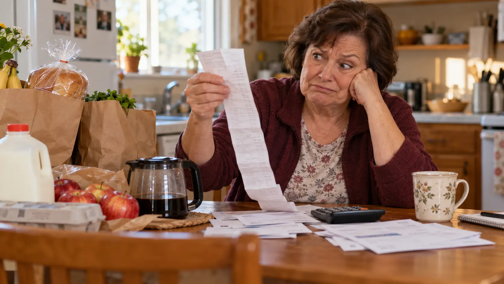 AI-generated illustration of an older woman examining a long grocery receipt at a kitchen table covered with groceries and household bills.