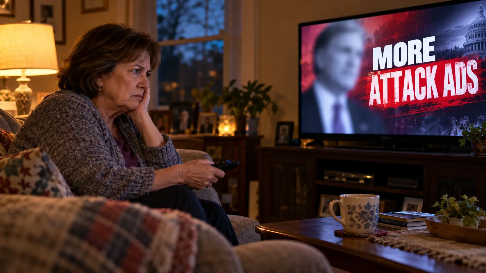 AI-generated illustration of an older woman looking disgusted at a television displaying “More Attack Ads.”