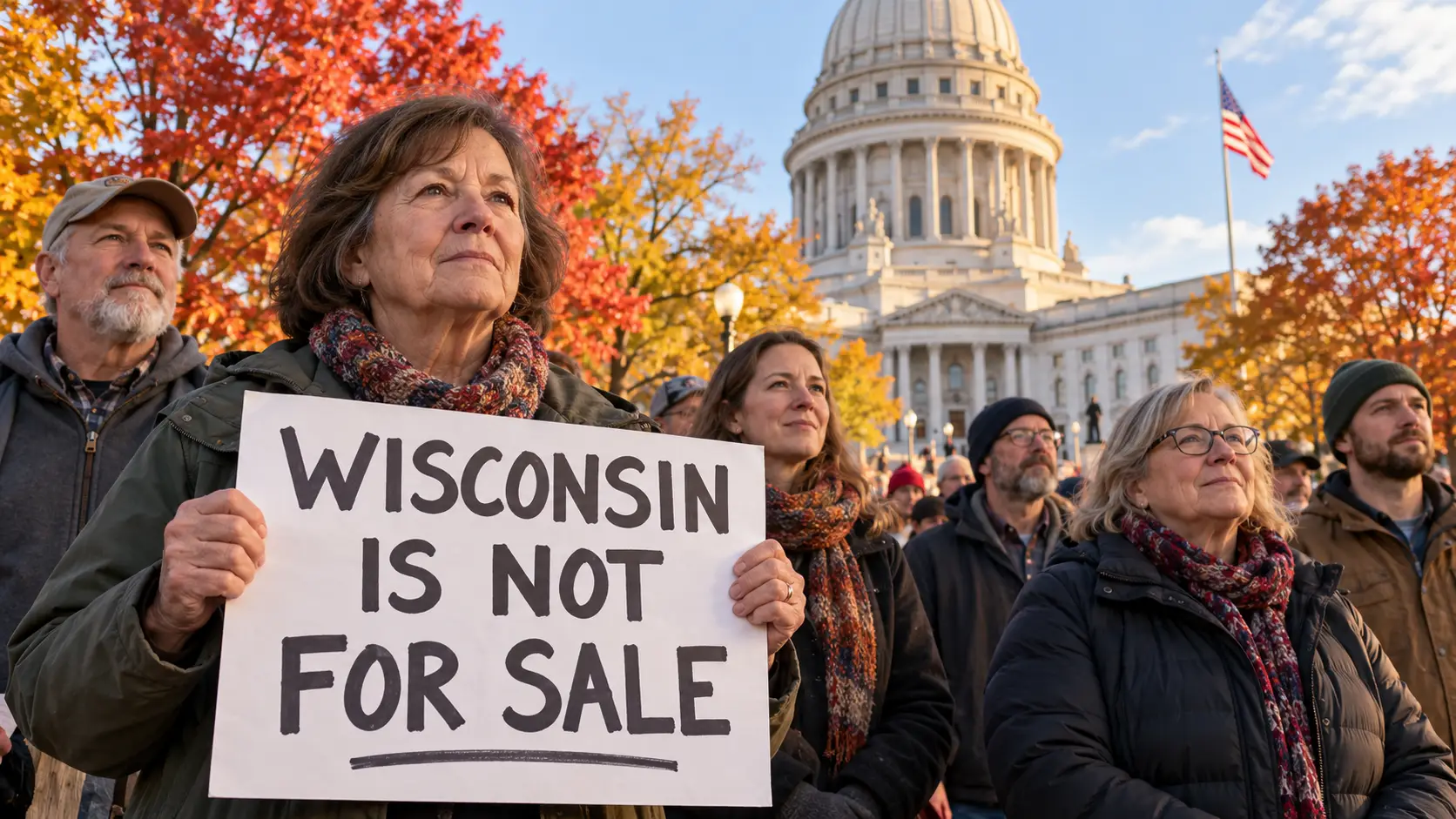 AI-created illustration of Wisconsin residents outside the State Capitol, with a woman holding a sign reading “Wisconsin Is Not for Sale.”